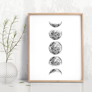 Large Moon Phases Print, Moon Sketch, Black White Lunar Print, Pencil Graphite Drawing Art, Sketch of Moon Digital Download - Aga Szafranska