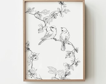 Minimalist Birds Ink Drawing Printable Wall Art Black White Print Nursery Decor Digital Download