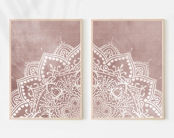 Boho Bedroom Decor, Blush Pink Mandala Wall Art Set 2 Prints Digital Download Posters