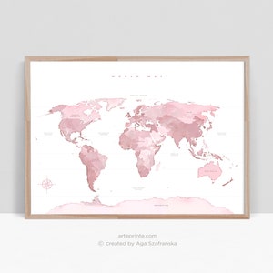 Pink World Map Wall Art, Girl Room Decor, Pink World Map with Continents Names, Printable Poster, Digital Download - Aga Szafranska