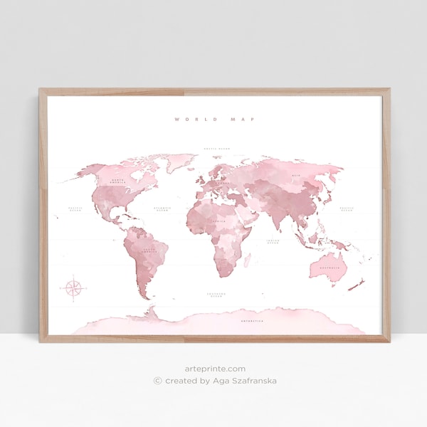 Pink World Map Wall Art Girl Nursery Decor Digital Art Prints Pink Gray World Map Printable Nursery Wall Art Downloadable Map of The World