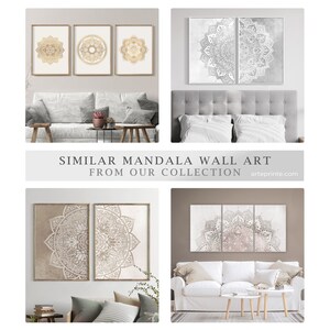 May include: Four different examples of mandala wall art prints in various color schemes and styles. The prints are displayed in living room settings with couches and end tables.