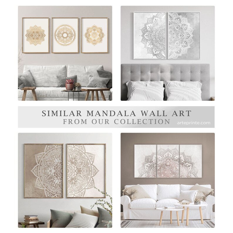May include: Four different examples of mandala wall art prints in various color schemes and styles. The prints are displayed in living room settings with couches and end tables.
