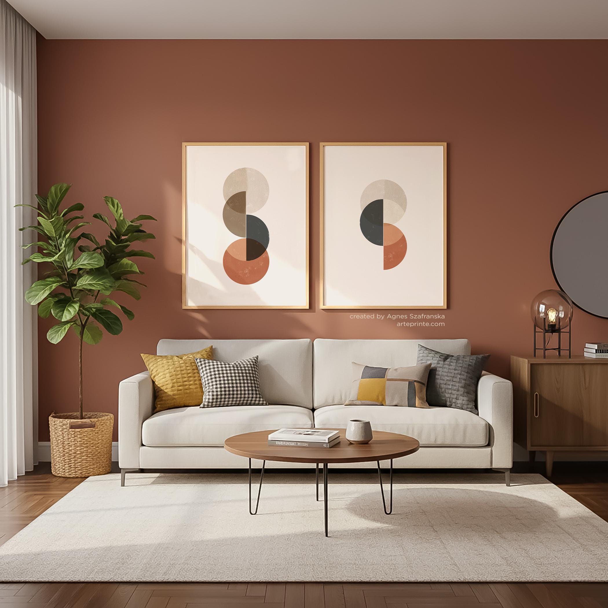 Modern Mid-century Geometric Wall Art Set Terracotta Abstract