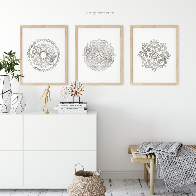 MANDALA Wall Art Set of 3 Printable Gray Wall Art Prints DIY Etsy