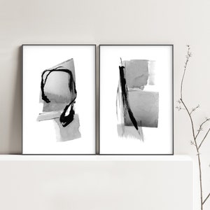 Abstract Painting, Set of 2 Prints, Gray Black and White Minimalist Modern Wall Art, Printable Abstract Set, Large Wall Art Digital Download