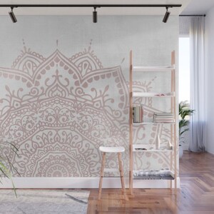 Blush pink gray mandala wall paper. Boho bedroom wall decor.