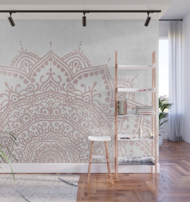 Blush pink gray mandala wall paper. Boho bedroom wall decor.