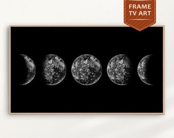 SAMSUNG FRAME Tv ART ~ Moon Phases Wall Art For Tv ~ Black and White Art Graphite Pencil Drawing ~ Black Background Art ~ Digital Download