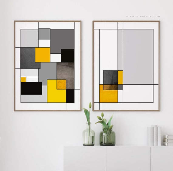 Abstract Geometric Wall Art Set Of 2 Prints Diy Mid Century Modern Gray Black Yellow Printable Bauhaus Posters Digital