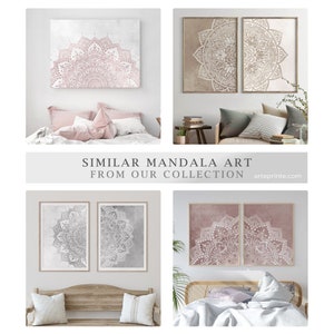 Puede incluir: Cuatro impresiones de arte de pared diferentes que presentan dise&ntilde;os de mandalas en varios colores y estilos. Las impresiones se muestran en diferentes habitaciones con muebles y decoraci&oacute;n. El texto "SIMILAR MANDALA ART FROM OUR COLLECTION arteprinte.com" se muestra debajo de las im&aacute;genes.