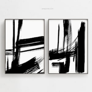 Modern Abstract Set of 2, Brush Strokes Black and White Printable Art, Ink Painted Minimalist, Home Decor Digital Download | Aga Szafranska
