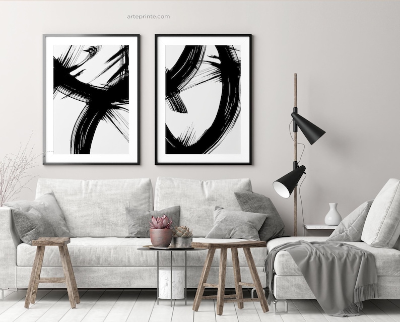 Black and White Minimalist Abstract Ink Painting Set of 2 Prints Printable Abstract Painting Brush Strokes Art Modern Wall Art Download