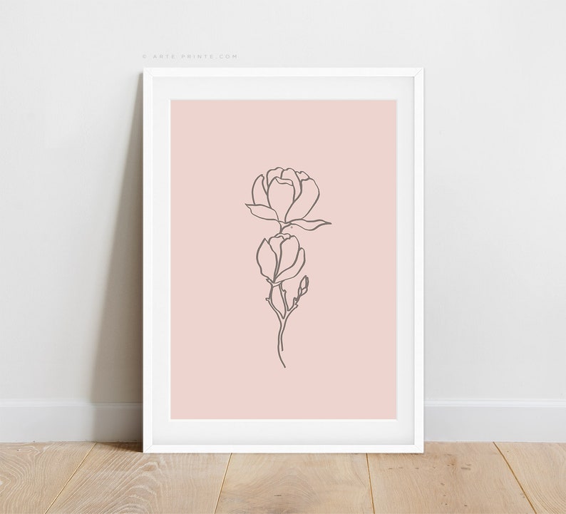 Line Drawing, Pink Gray Flower, Downloadable Prints, Line Art