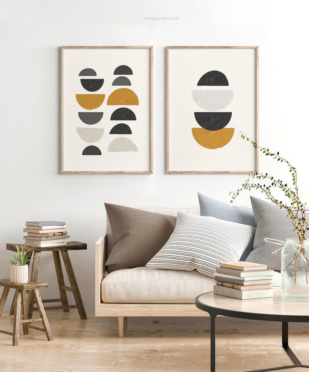 Geometric Wall Art Set of 2 Prints, Abstract Semicircles, Neutral ...
