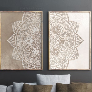 Original Beige Taupe Mandala Wall Art Set of 2 Prints, Neutral Color Boho Living Room Bedroom Decor, Yoga Studio Posters, Digital Download