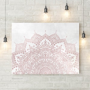 Blush pink gray mandala wall art, canvas print. Boho bedroom wall decor.