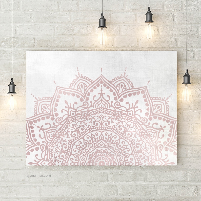 Blush pink gray mandala wall art, canvas print. Boho bedroom wall decor.