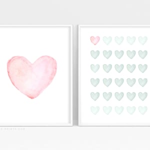 Girl Nursery Prints Set of 2, Hearts Painting, Blush Pink Mint Hearts, Watercolor Wall Art Printable, Baby Shower Gift, Digital Download