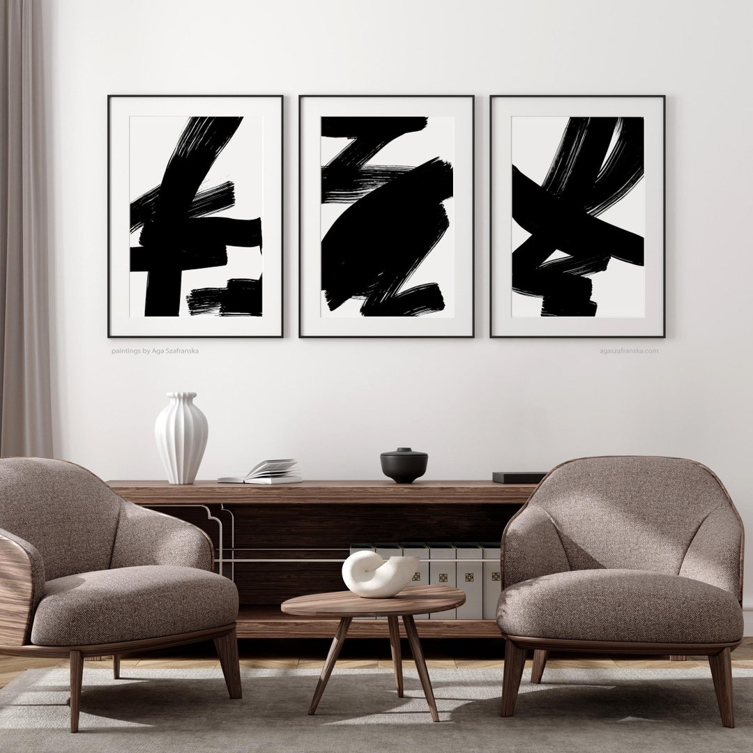 Brush Strokes, Black White Abstract Set of 3 Prints: Modern Minimalist ...