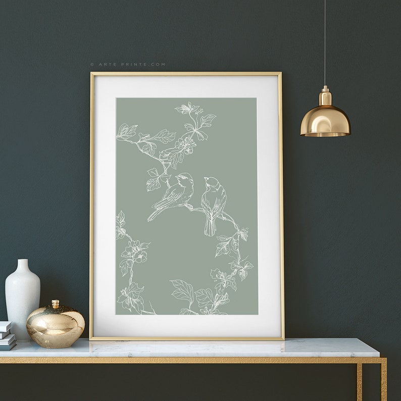 Birds Print Sage Green Wall Art Drawing Birds on a Branch Etsy