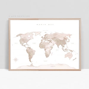 WORLD MAP Wall Art with Continent Names, Beige Taupe Map of the World Printable, NEUTRAL World Map Poster Digital Download - Aga Szafranska