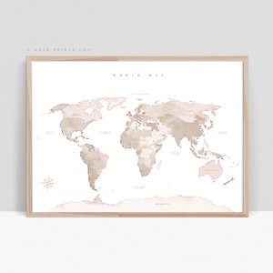 WORLD MAP Wall Art with Continent Names, Beige Taupe Art Map of the World, Printable World Map Travel Home Decor Poster Digital Download