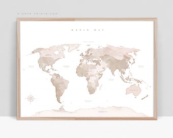 WORLD MAP Wall Art with Continent Names, Beige Taupe Art Map of the World, Printable World Map Travel Home Decor Poster Digital Download