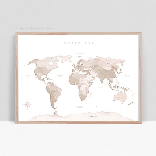 WORLD MAP Wall Art with Continent Names, Beige Taupe Art Map of the World, Printable World Map Travel Home Decor Poster Digital Download