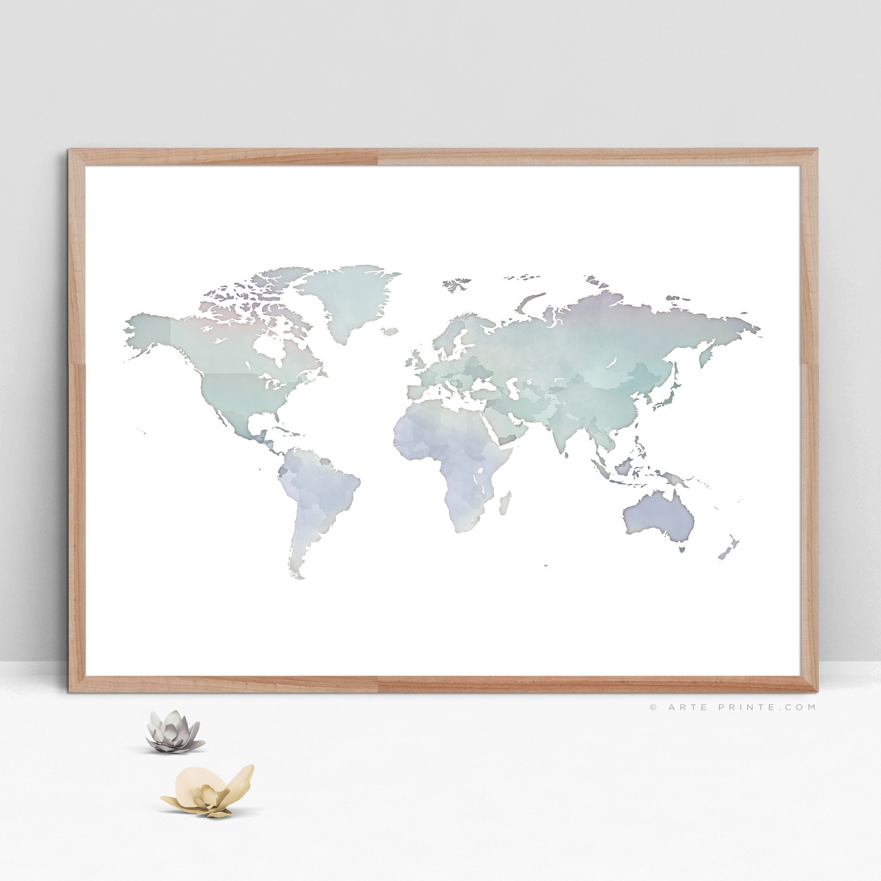 large world map wall art printable world map green mint