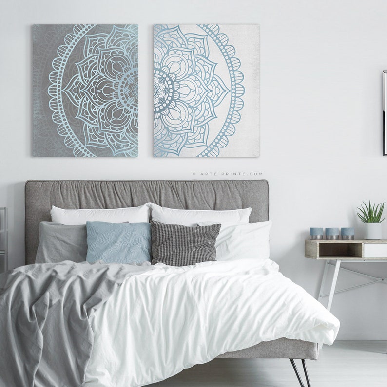 Original Blue Gray Mandala Wall Decor Set of 2 Prints Bedroom Etsy