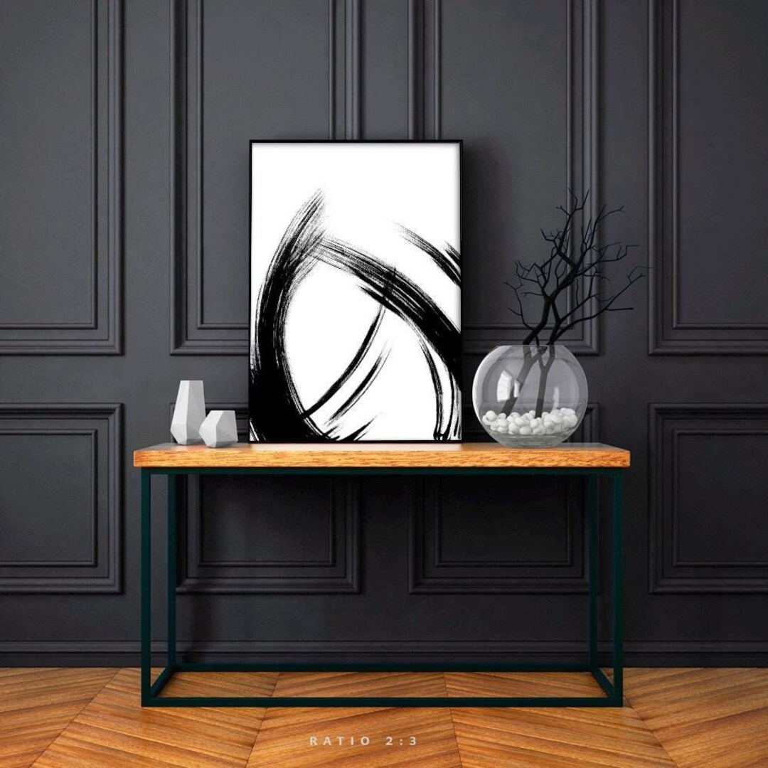 Black and White Minimalist Abstract Wall Art, Black Brush Strokes ...