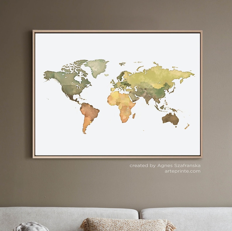 Watercolor World Map Wall Art Printable Green Beige Yellow Tones ...