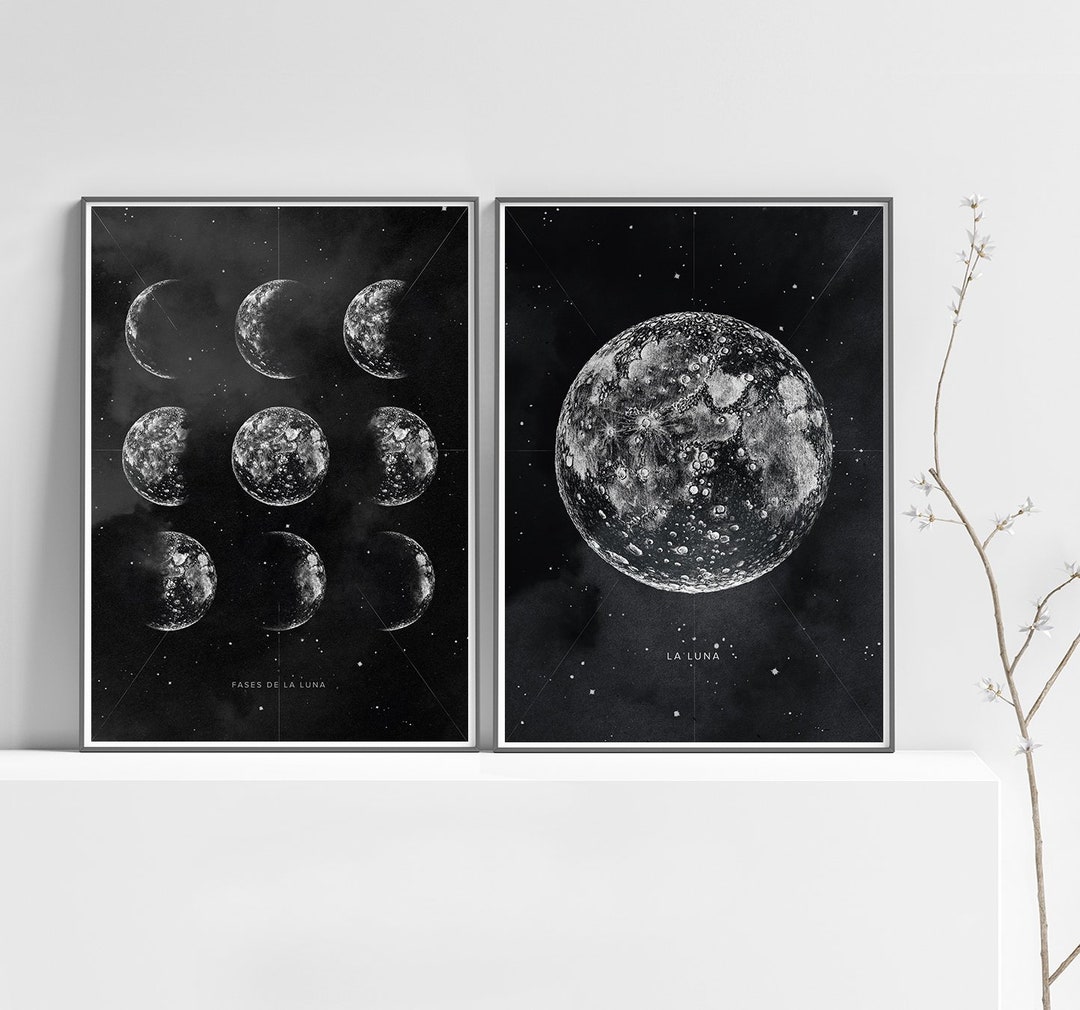 Moon Wall Art Set of 2 Prints Moon and Moon Phases La Luna Printable Astronomy Art Pencil Drawing Moon Bedroom Decor Digital Download Etsy