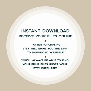 Puede incluir: C&iacute;rculo blanco con contorno negro y texto que dice "INSTANT DOWNLOAD RECEIVE YOUR FILES ONLINE" con instrucciones sobre c&oacute;mo descargar archivos digitales despu&eacute;s de comprar en Etsy.