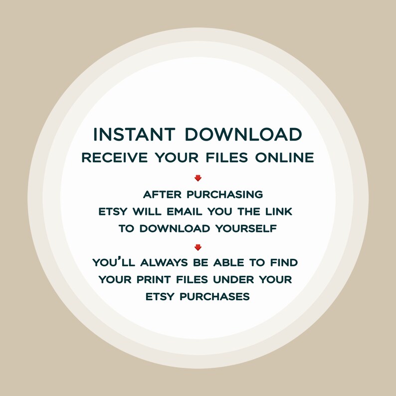 Puede incluir: C&iacute;rculo blanco con contorno negro y texto que dice "INSTANT DOWNLOAD RECEIVE YOUR FILES ONLINE" con instrucciones sobre c&oacute;mo descargar archivos digitales despu&eacute;s de comprar en Etsy.