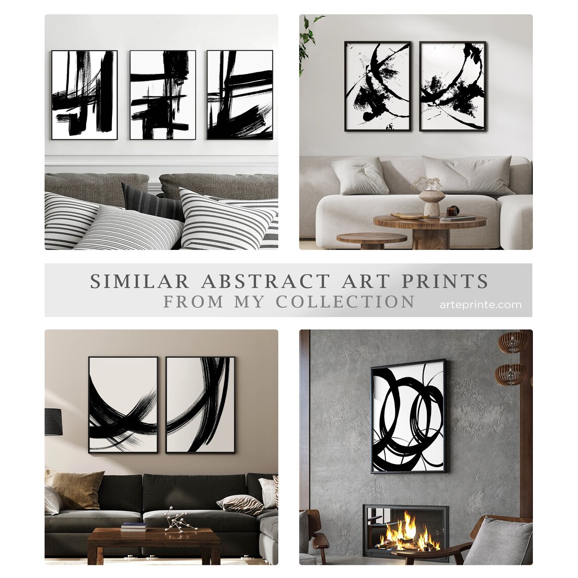Black White Abstract Art Set of 3 Prints Abstract Minimalist Etsy