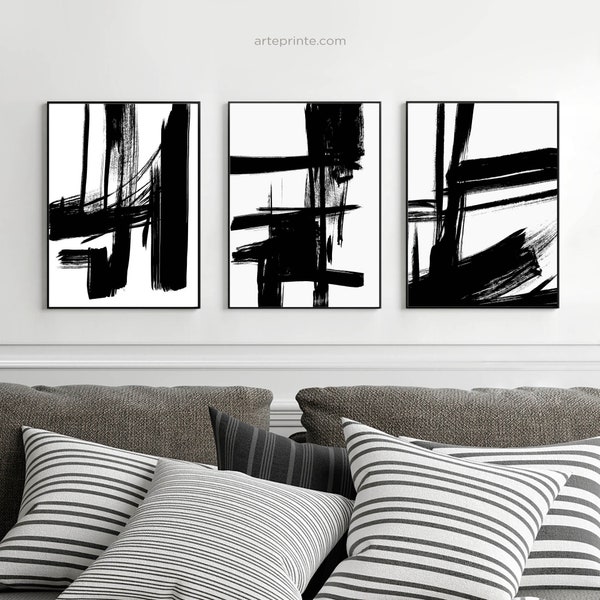 Brush Strokes Art, Set of 3 Prints, Abstract Painting Black and White Printable Wall Art, Modern Contemporary Ink Painting, Instant Download