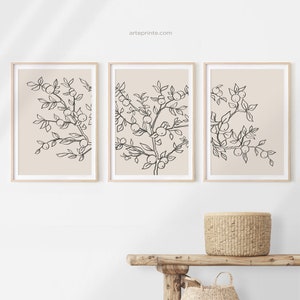 Botanical Line Art Prints Set of 3, Printables, Beige and Black Line Drawing Apple Tree Branch, Wall Art Digital Download | Aga Szafranska