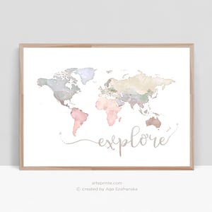 World Map Wall Art, Explore Map Print, Pastel Nursery Wall Art, Child Kids Room Decor, World Map Poster, Digital Download - Aga Szafranska