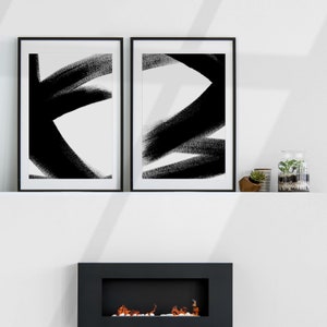 Black Strokes Lines, 2 Panel Art, Black Ink Painted Minimalist Abstract Prints Set 2, Modern Black Brush Strokes Wall Art, Digital Download