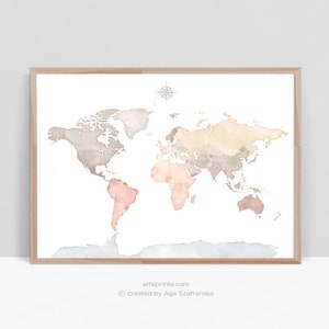 World Map Wall Art Printable, Map Print with Antarctica, Pastel Watercolor Map - Nursery Decor, Map Poster Digital Download | Aga Szafranska