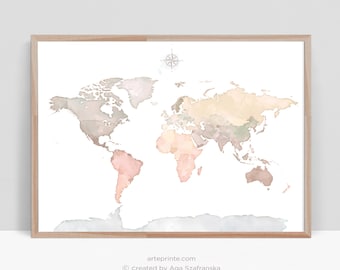 World Map Wall Art Printable, Vintage Map Print Digital Download Poster, Pastel Watercolor Map of the World with Antarctica | Aga Szafranska