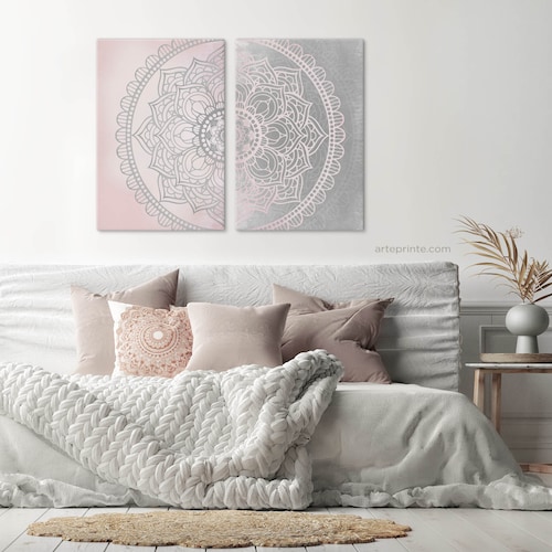 Gray Boho Decor Mandala Wall Art Set of 2 Square Prints Grey Etsy