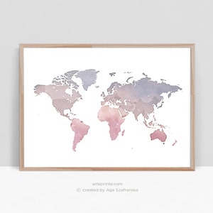 World Map Print - Girl Nursery Decor, Pink Blue Lilac Watercolor Map of the World - Girl Room Wall Art Digital Download | Aga Szafranska