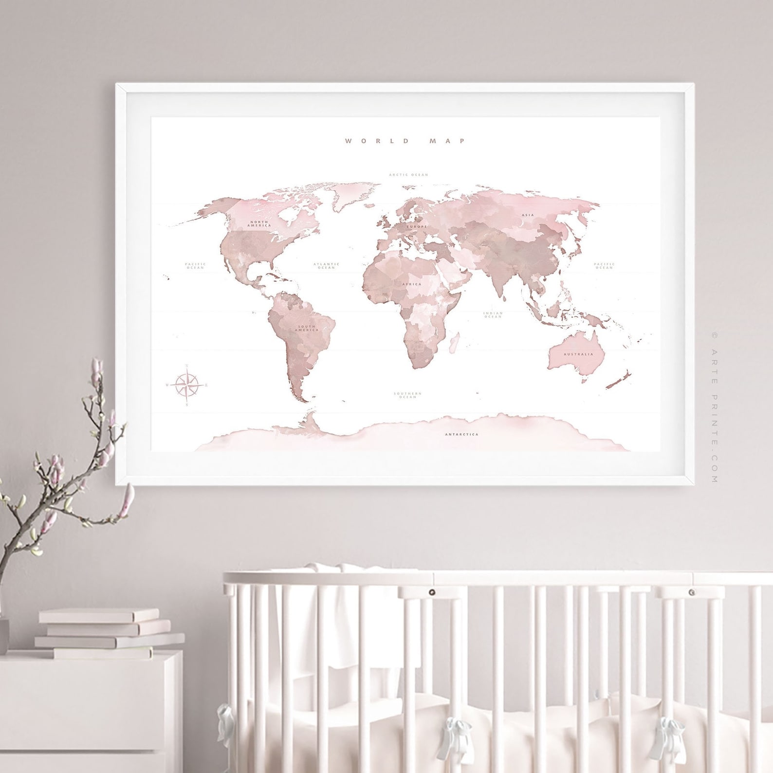 Blush Pink World Map Print: Watercolor Nursery Wall Art (digital ...