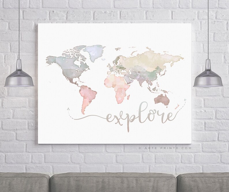 Explore World Map Print Pastel Wall Art Nursery Kids Map Etsy