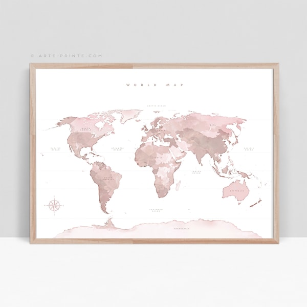 Blush Pink World Map Print, Girl Nursery Wall Decor, Printable Wall Art, Pink Beige World Map Poster, Art Map of The World, Digital Download