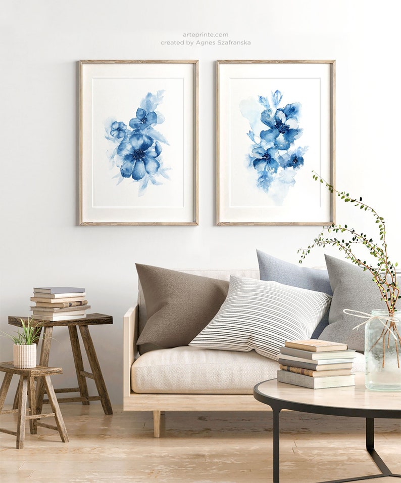 Blue Floral Prints Set of 2 Printable Wall Art Blue Etsy