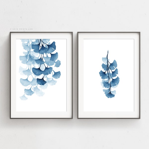 Ginkgo Prints, Blue Ginkgo Leaves with Branch, Set of 2 Botanical Prints, Indigo Blue Watercolor Painting Printable Art, Digital Download